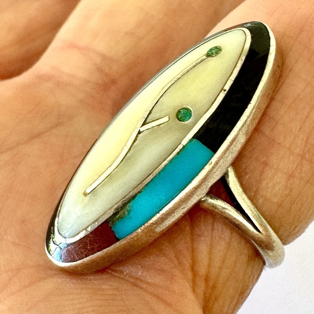 VTG Zuni Flower Turquoise Ring Sz 6 Sterling 60s Old Inlay Native Amer Marquis - Picture 4 of 8